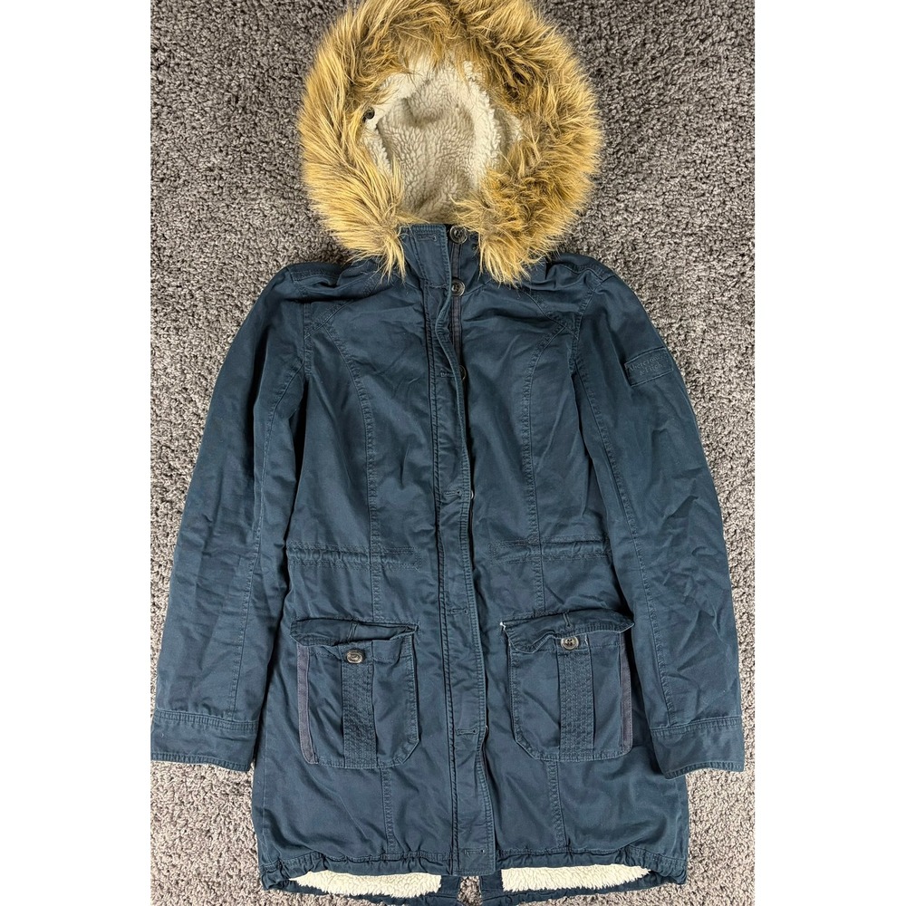 Abercrombie & Fitch Sherpa Lined Parka Jacket Navy Blue Faux Fur Hood Womens L
